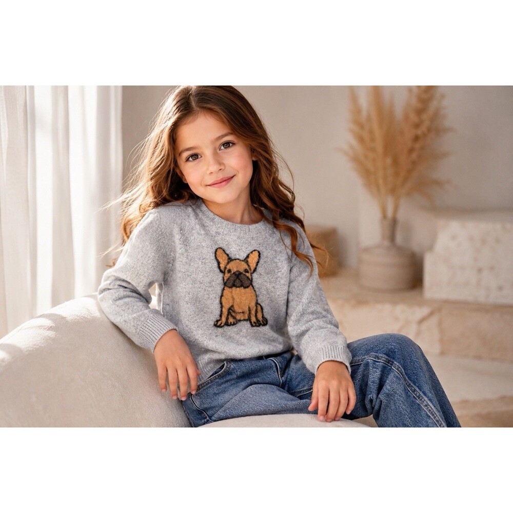 PHILOSOPHY Girl’s Medium 100% Cashmere Sweater FRENCH BULLDOG Gray Crewneck
